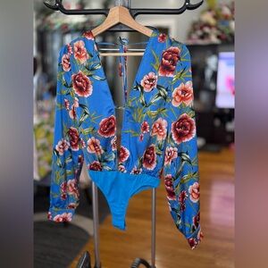Blue Floral Long Sleeve Plunge Bodysuit